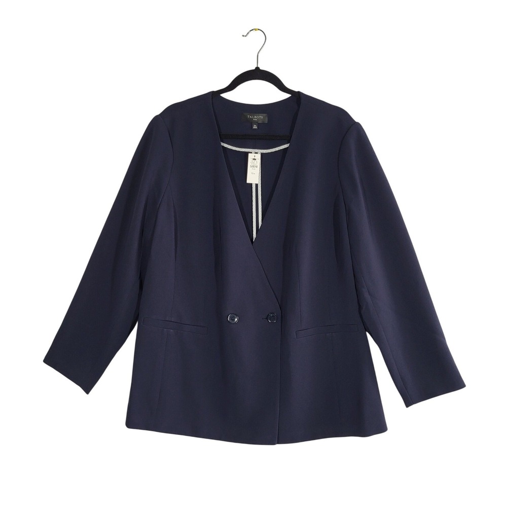 Talots Plus Collarless Blazer Womens 16W Navy Blue Double Breasted Office NEW